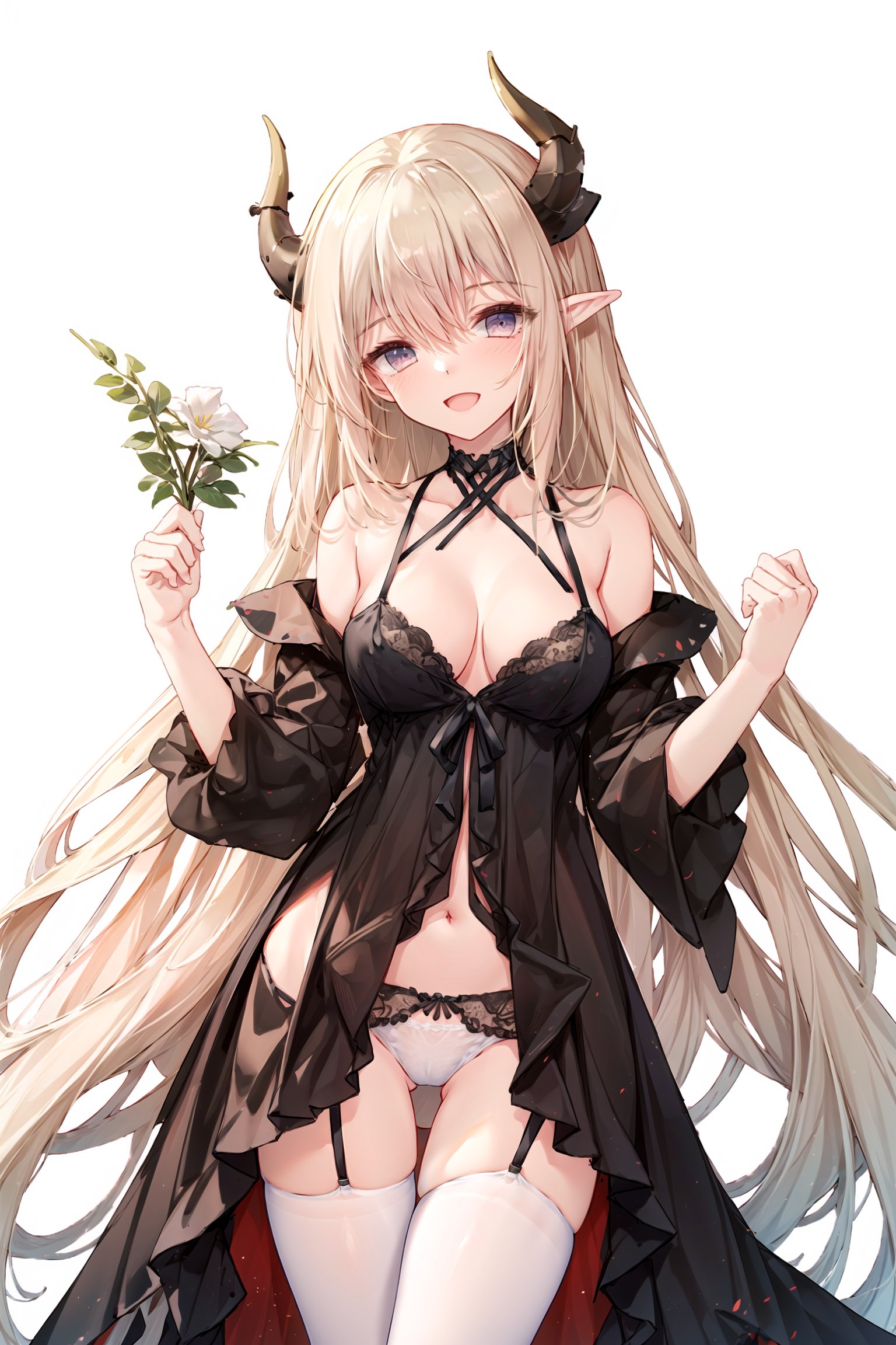 1girl, solo, long hair, breasts, horns, underwear, thighhighs, panties, blonde hair, holding, flower, smile, white thighhighs, looking at viewer, pointy ears, open mouth, bangs, bare shoulders, very long hair, cowboy shot, cleavage, bare arms, :d, blue eyes, white panties, holding flower, white flower, medium breasts, underwear only, collarbone, standing, white background, lingerie, white bra, thigh gap, bra, thighs, purple eyes,slender legs, 