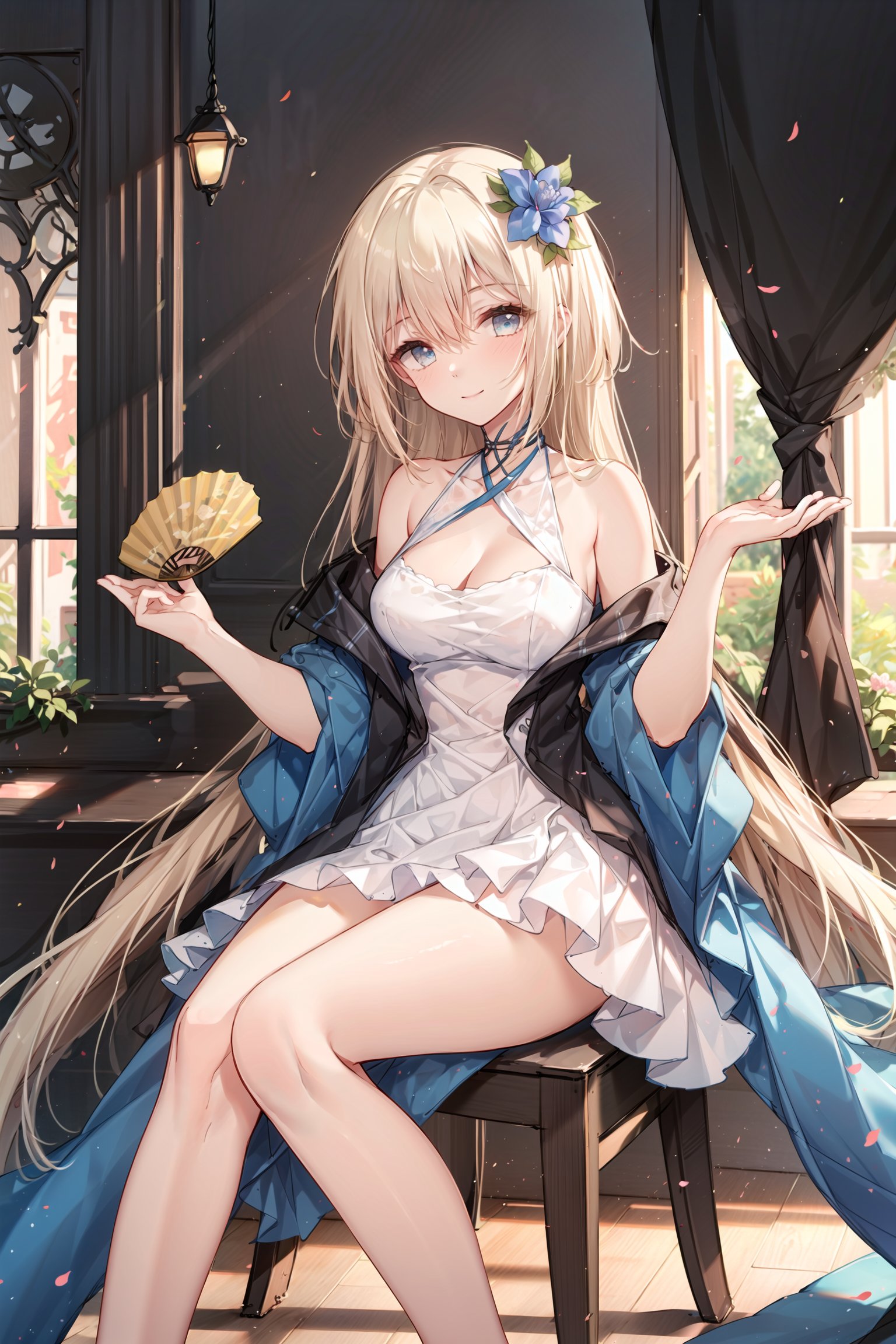 1girl, blonde hair, solo, flower, hair flower, hair ornament, dress, long hair, blue eyes, smile, looking at viewer, blue flower, white dress, sitting, blue rose, rose, sleeveless dress, sleeveless, closed mouth, bare shoulders, bangs, hand fan, curtains, large breasts, chair, holding, holding fan, choker, medium breasts, on chair, parted bangs, slender legs,