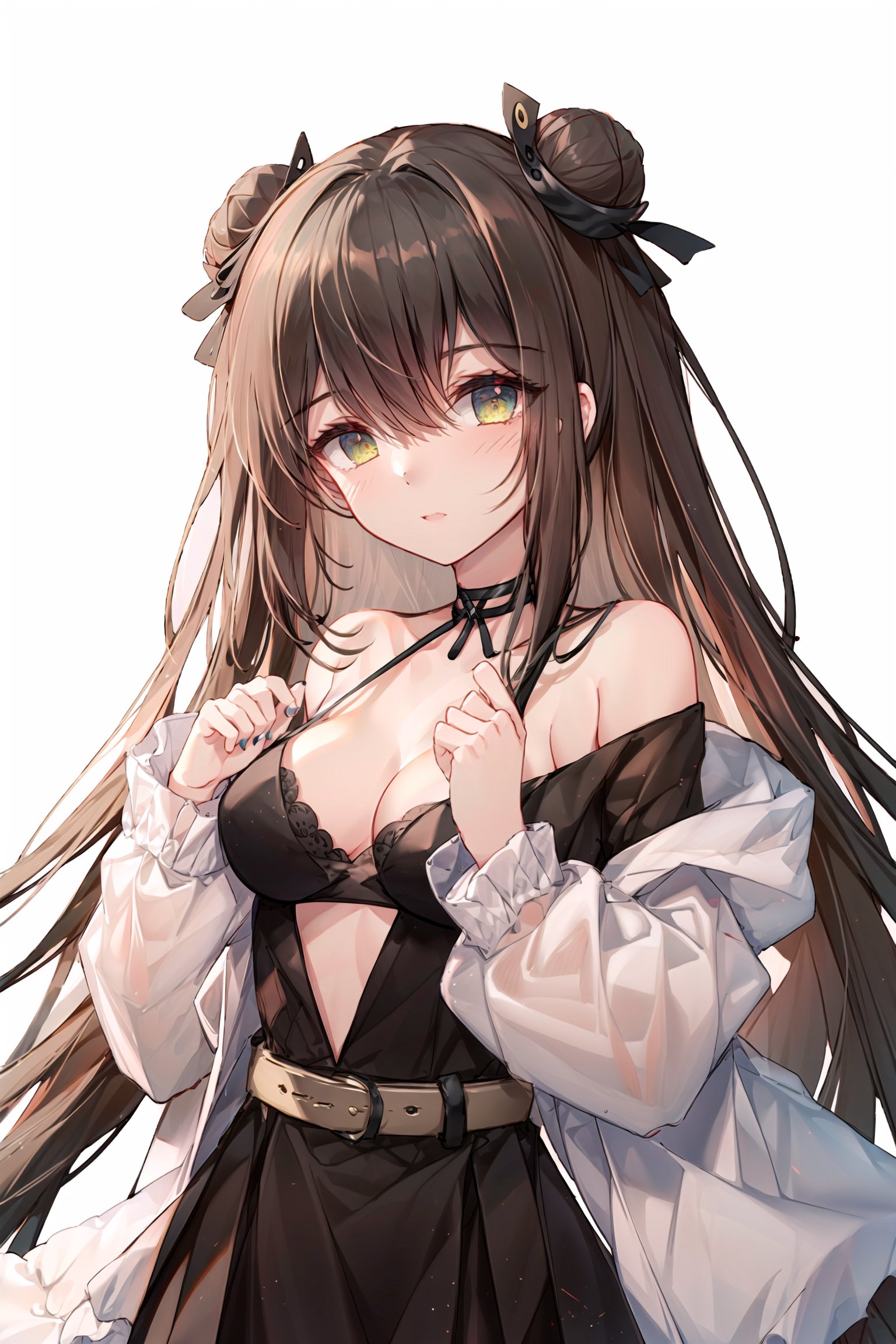 1girl, solo, virtual youtuber, looking at viewer, breasts, belt, hair ornament, blush, cleavage, long hair, jacket, star \(symbol\), green eyes, multicolored hair, bangs, white hair, brown hair, hair bow, bow, hair bun, streaked hair, star hair ornament, off shoulder, nail polish, medium breasts, orange jacket, white background, aqua eyes, bare shoulders, choker