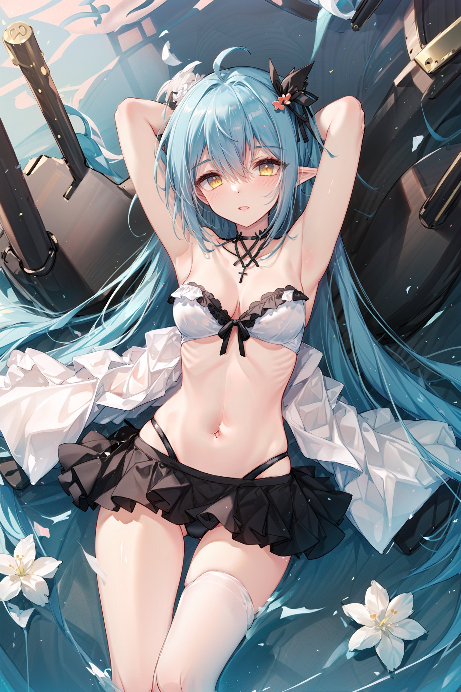  1girl, solo, breasts, virtual youtuber, swimsuit, heart ahoge, bikini, blue hair, long hair, yellow eyes, pointy ears, looking at viewer, flower, hair flower, hair ornament, water, blush, armpits, heart, arms up, ahoge, on back, lying, blue bikini, large breasts, bangs, bikini skirt, frills, wet, frilled bikini, elf, partially submerged, streaked hair, hair between eyes, multicolored hair, thigh gap, jewelry, necklace, caustics, strapless, underboob, white flower, colored tips, thighs, very long hair, parted lips, strapless bikini, arms behind head,