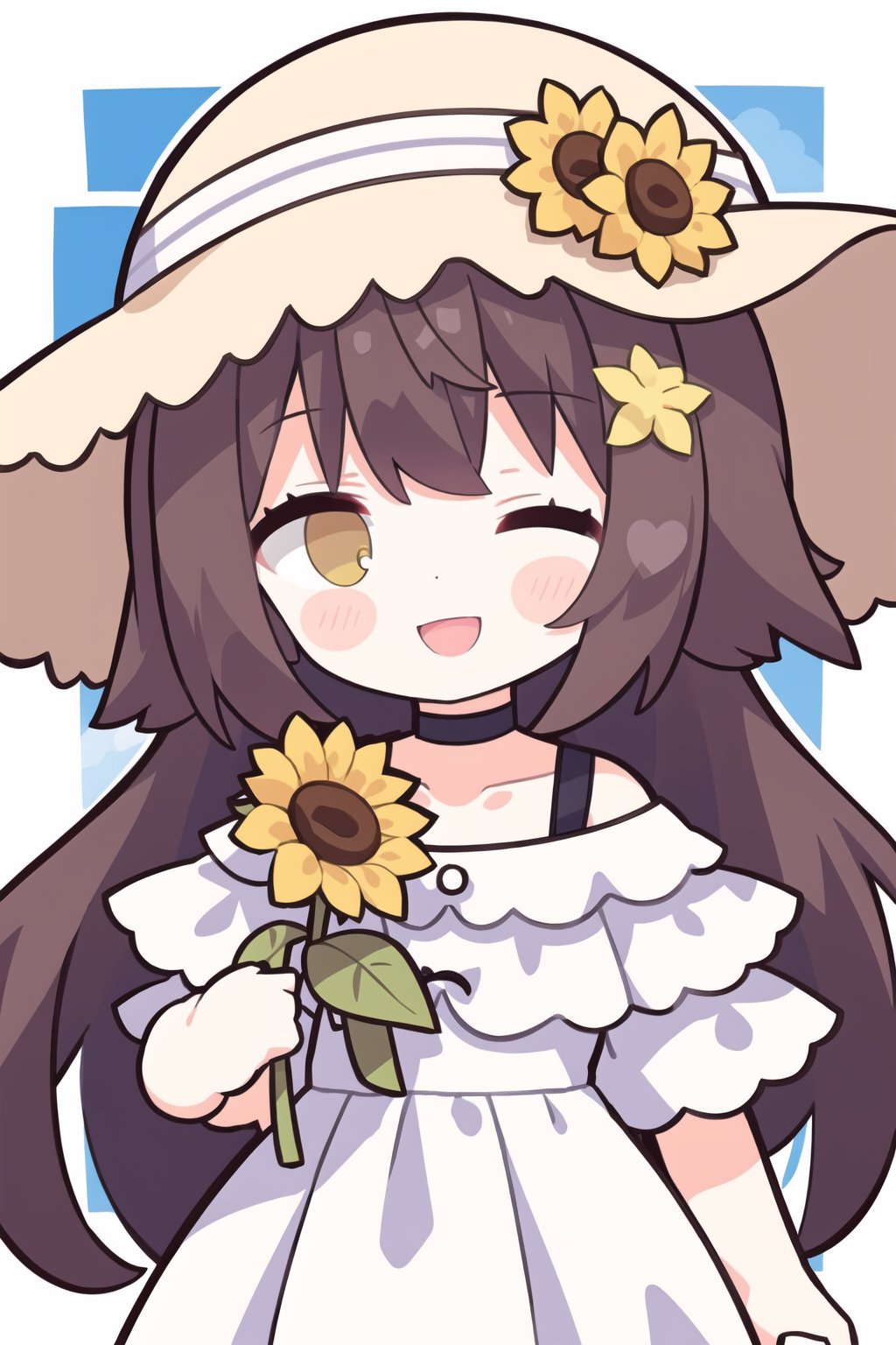 1girl, sunflower, solo, flower, hat, dress, one eye closed, long hair, braid, smile, open mouth, bare shoulders, looking at viewer, holding flower, white dress, straw hat, holding, hat flower, ;d, collarbone, off-shoulder dress, bangs, twin braids, brown headwear, yellow flower, blurry, short sleeves, upper body, outdoors, off shoulder, blush, choker, sun hat, ribbon choker,chibi