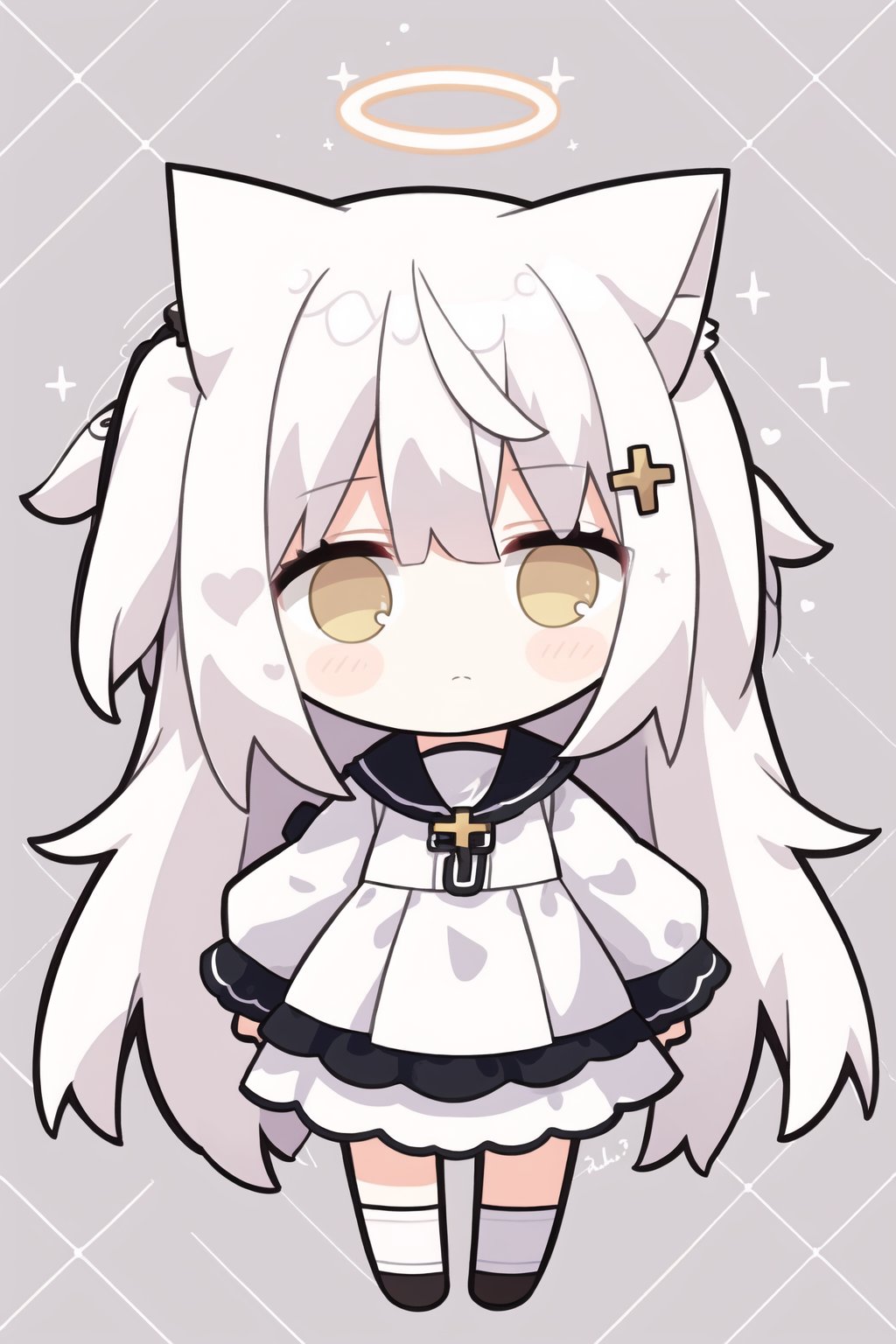 white hair,yellow eyes,looking up,stockings,long hair,hime cut,messy hair,floating hair,demon wings,halo,cross necklace,holy,divinity,shine,holy light,cat girl,(loli),(petite),solo,
chibi