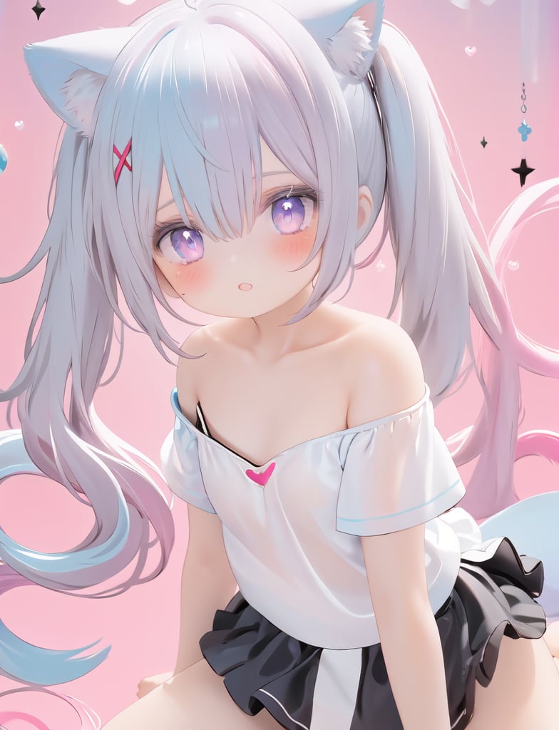 petite, loli, solo, animal ears, heart, puffy short sleeves, blue hair, long hair, off shoulder, bangs, hair ornament, gradient background,rainbow gradient, x hair ornament, animal ear fluff, looking at viewer, very long hair, blush, smile, cat ears, bare shoulders, collarbone, hand up, gradient sweater, hair between eyes, symbol-shaped pupils, arm up, heart-shaped pupils, hairclip, medium breasts, salute, bare legs,full body