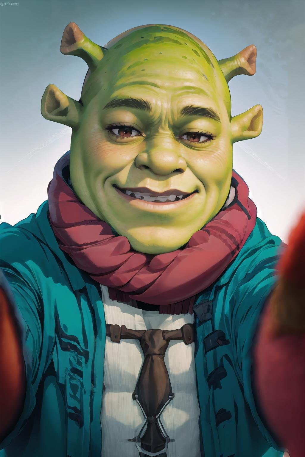 1boy, IncrsChkWarmingMeme, red scarf, pov, smile, blush, closed mouth, <lora:PovCheekWarmingMeme:1>, shrex, green skin, ogre, shrek, <lora:Char_Sigmas_Shrek:0.8>, manly, muscular, 