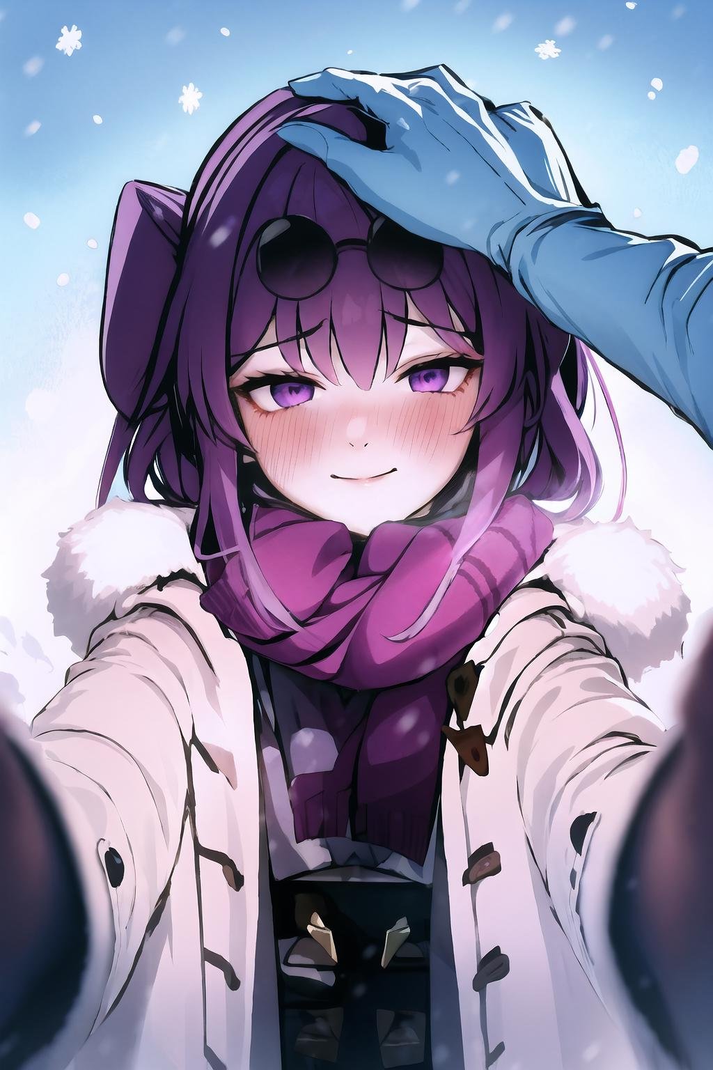 1girl, IncrsChkWarmingMeme, red scarf, pov, smile, blush, closed mouth, <lora:PovCheekWarmingMeme:1>, winter clothes, IncrsHeadpatPOV, headpat, <lora:Pos_HeadpatPOV:1>, Kafka, purple eyes, jacket, <lora:Char_HonkaiStarRail_Kafka:1>