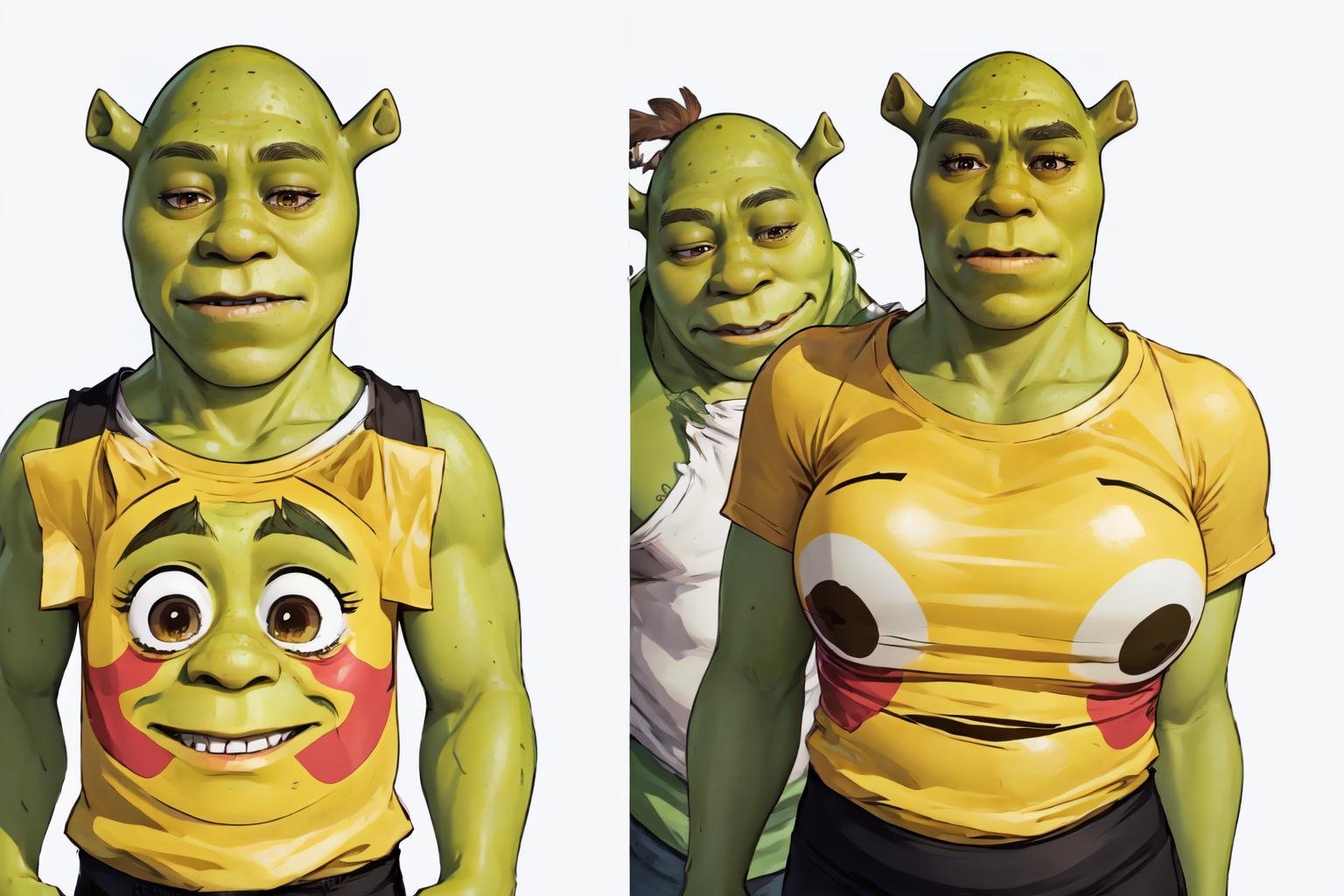 High Quality, Masterpiece, incrsemojishirt, multiple views, yellow shirt, <lora:FlushedEmojiShirt:1>, shrex, green skin, ogre, shrek, <lora:Char_Sigmas_Shrek:0.9>