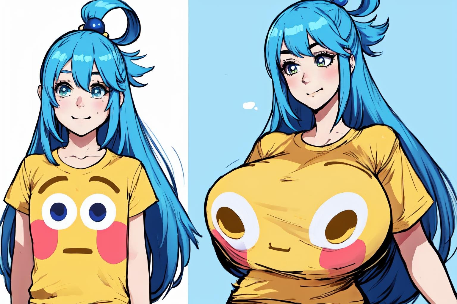 High Quality, Masterpiece, incrsemojishirt, multiple views, yellow shirt, <lora:FlushedEmojiShirt:1>, aqua \(konosuba\), 1girl, blue eyes, blue hair, hair ornament, hair rings, long hair, single hair ring, very long hair, <lora:Char_Konosuba_Aqua:0.65>, (gigantic breasts:1.6), 