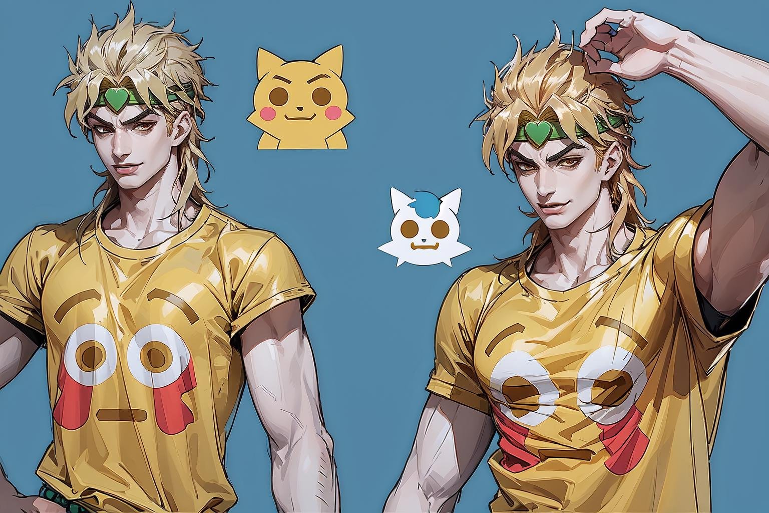 High Quality, Masterpiece, incrsemojishirt, multiple views, yellow shirt, <lora:FlushedEmojiShirt:1>, dio, headband,  <lora:Char_Sigmas_Dio:0.8>, smirk, 