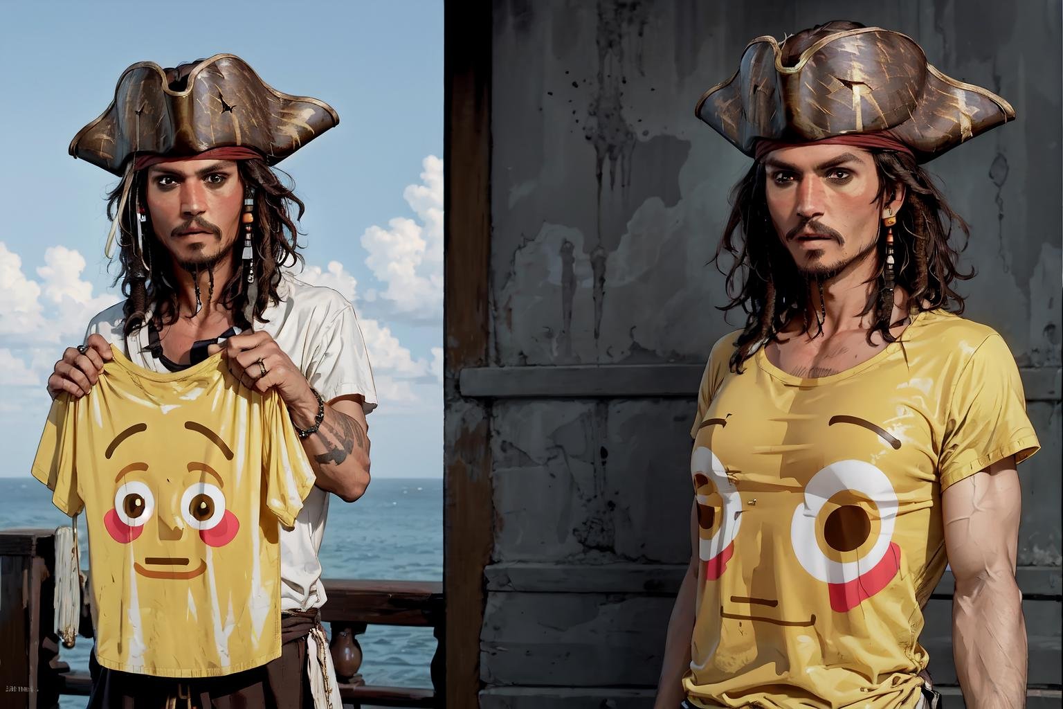 High Quality, Masterpiece, incrsemojishirt, multiple views, yellow shirt, <lora:FlushedEmojiShirt:1>, jack sparrow, brown eyes, hat, brown hair, earrings, hat, pirate, jewelry, shirt, short hair,  <lora:Char_Sigmas_JackSparrow:1>, 1boy, muscular, 