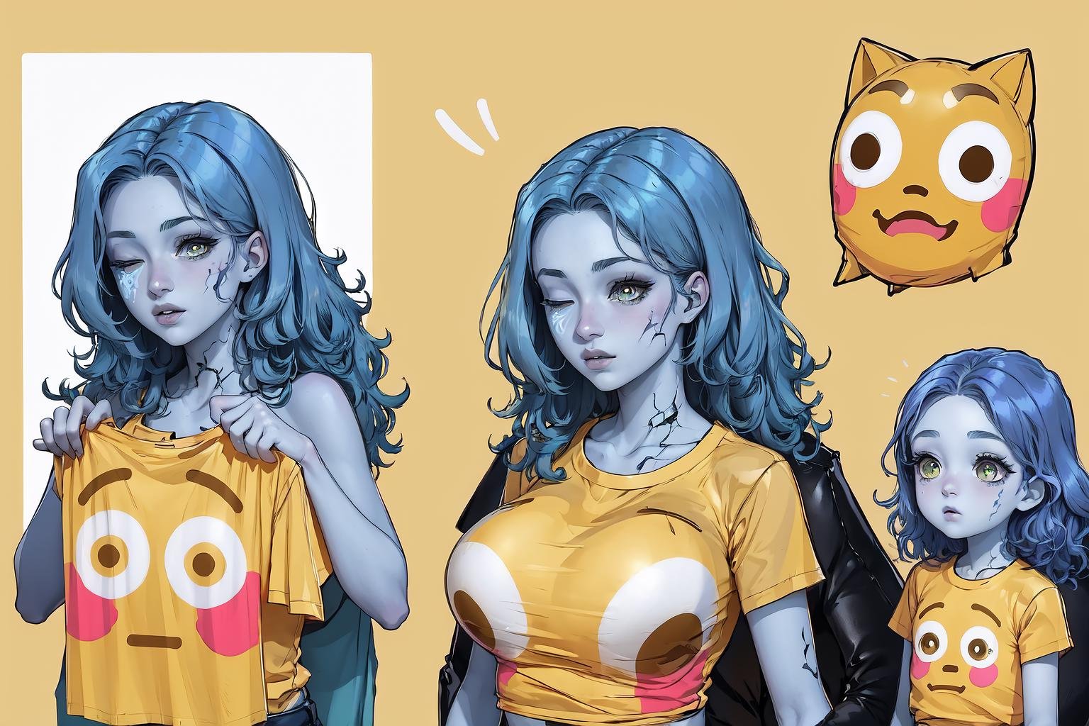 High Quality, Masterpiece, incrsemojishirt, 1girl, multiple views, yellow shirt, <lora:FlushedEmojiShirt:1>, Ranni, wavy hair, colored skin, blue skin, cracked skin, extra arms, extra faces, <lora:Char_EldenRing_Ranni:0.9>, (large breasts:1.2), one eye closed, 