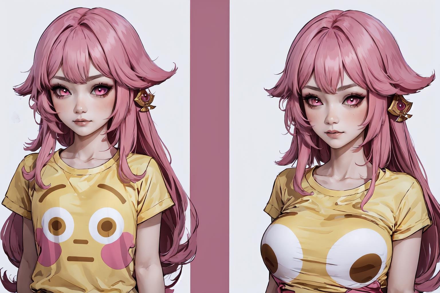 High Quality, Masterpiece, incrsemojishirt, 1girl, multiple views, yellow shirt, <lora:FlushedEmojiShirt:1>, yae miko, pink eyes, long hair, pink hair, <lora:Char_GenshinImpact_YaeMiko:0.75>