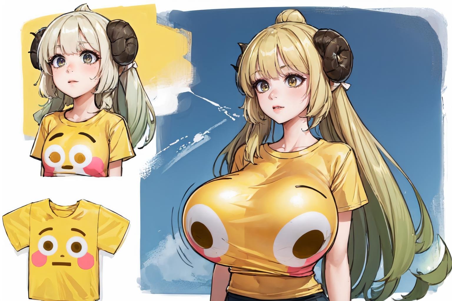 High Quality, Masterpiece, incrsemojishirt, multiple views, yellow shirt, <lora:FlushedEmojiShirt:1>, Tsunomaki Watame, <lora:Char_VTuber_TsunomakiWatame:0.9>, (gigantic breasts:1.4), blonde hair, 