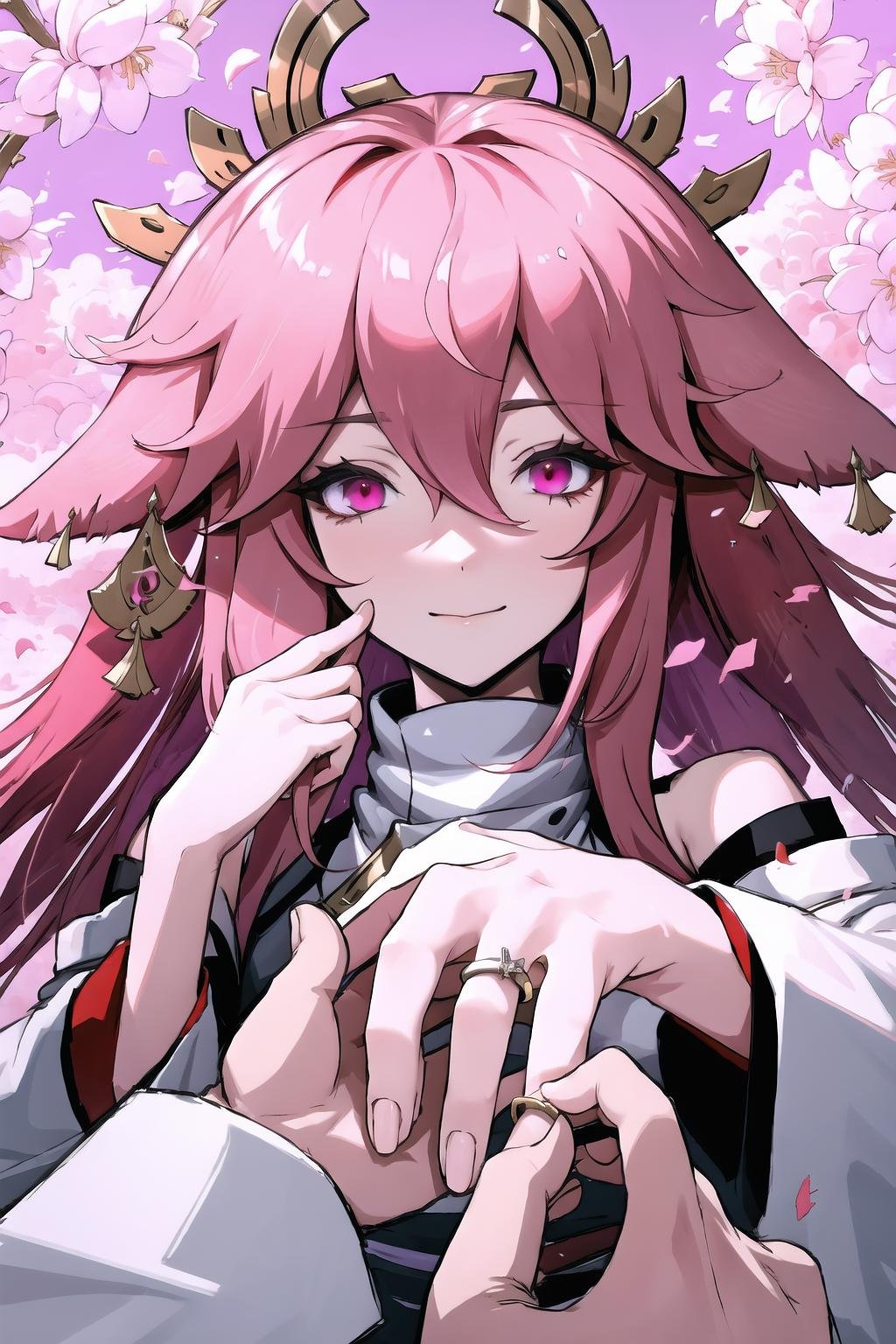 High Quality, Masterpiece, IncrsProp, <lora:Proposal:1>, yae miko, pink eyes, long hair, pink hair, animal ears, <lora:Char_GenshinImpact_YaeMiko:0.75>, wedding ring, 