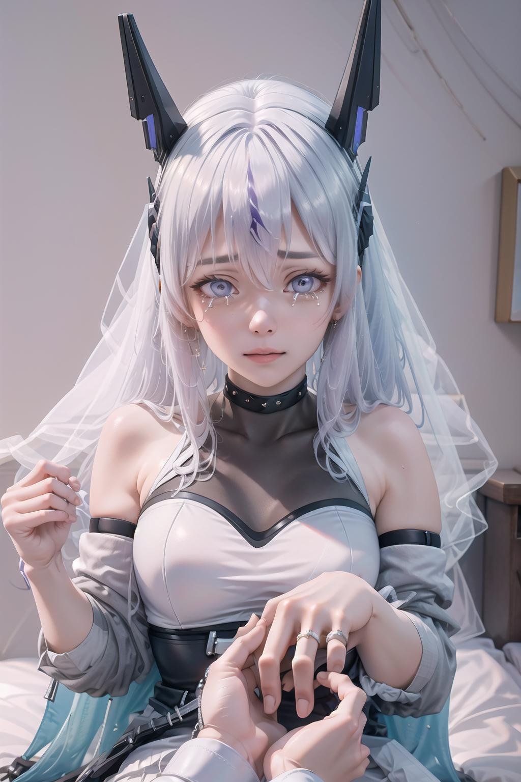 High Quality, Masterpiece, IncrsProp, <lora:Proposal:1>, wedding ring, Meina, headgear, bare shoulders, black choker, white dress, <lora:Char_OC_Meina:0.8>, tears, tearing up, happy, happy tears, 