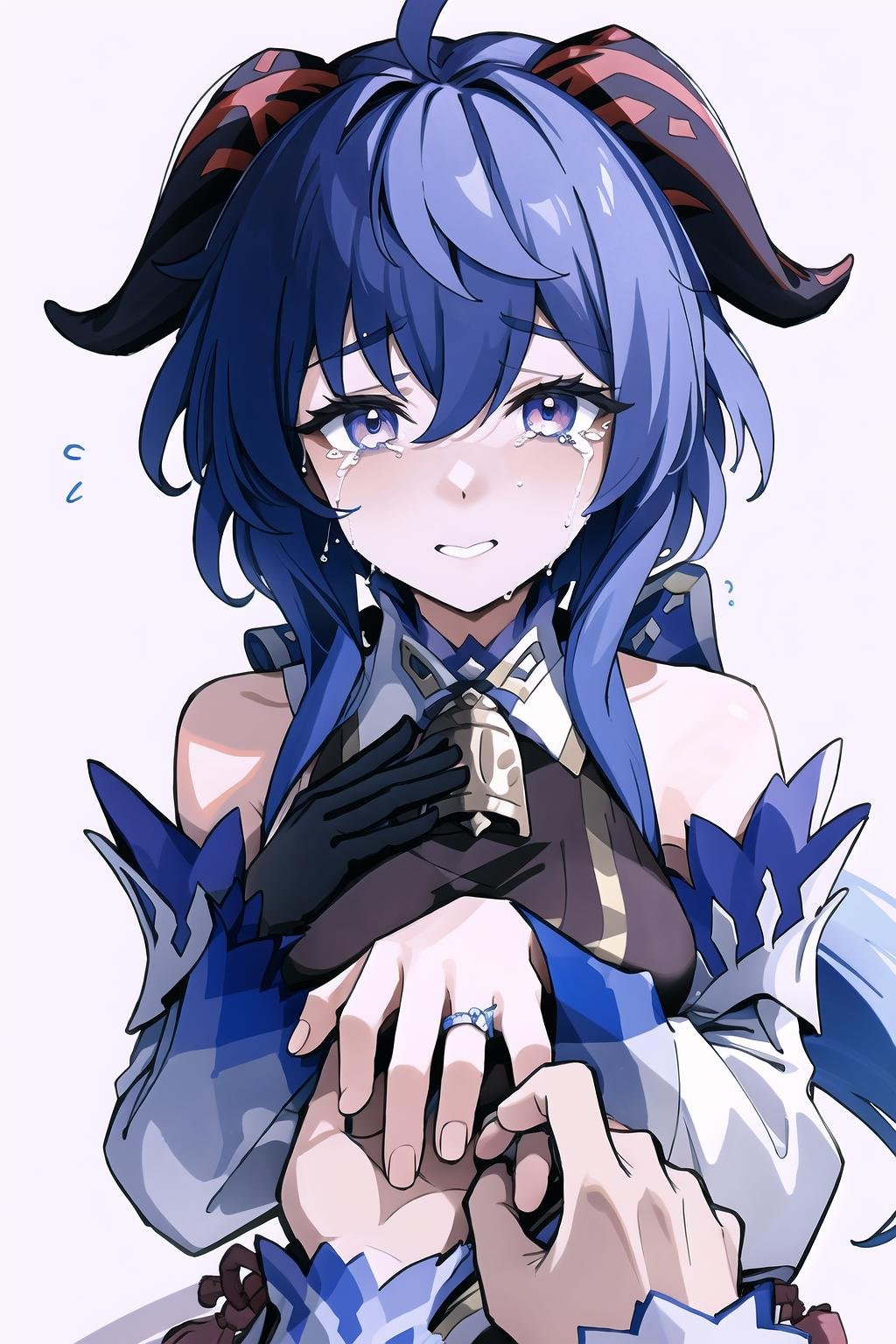 High Quality, Masterpiece, IncrsProp, <lora:Proposal:1>, wedding ring, Ganyu\(genshin impact\), Ganyu:1.2, bangs, bare shoulders, bell, ((blue hair)), chinese knot, detached sleeves, flower knot, gloves, horns, long hair, medium breasts, neck bell, purple eyes, sidelocks, tassel, white sleeves, <lora:Char_GenshinImpact_Ganyu:0.9>, tears, tearing up, happy tears, 