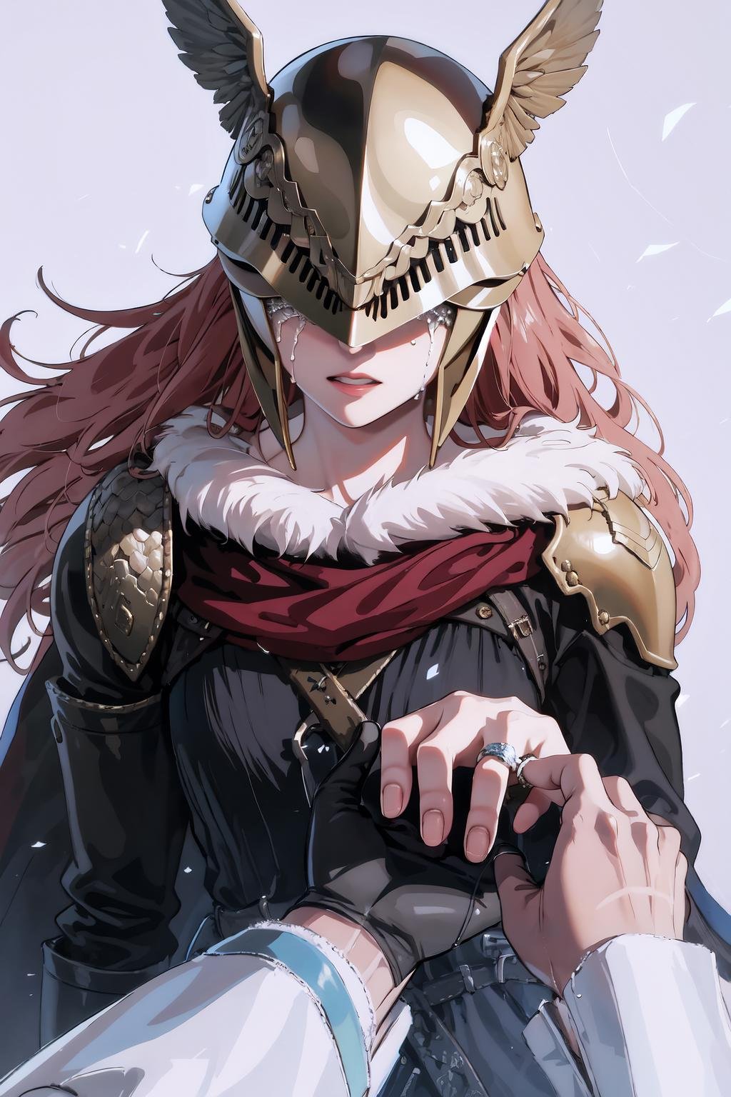 High Quality, Masterpiece, IncrsProp, <lora:Proposal:1>, wedding ring, tears, tearing up, happy tears, single mechanical arm, prosthesis, MaleniaDef, armor, cape, helmet, brown dress, <lora:Char_EldenRing_Malenia:1>, upper body, fingernails, 