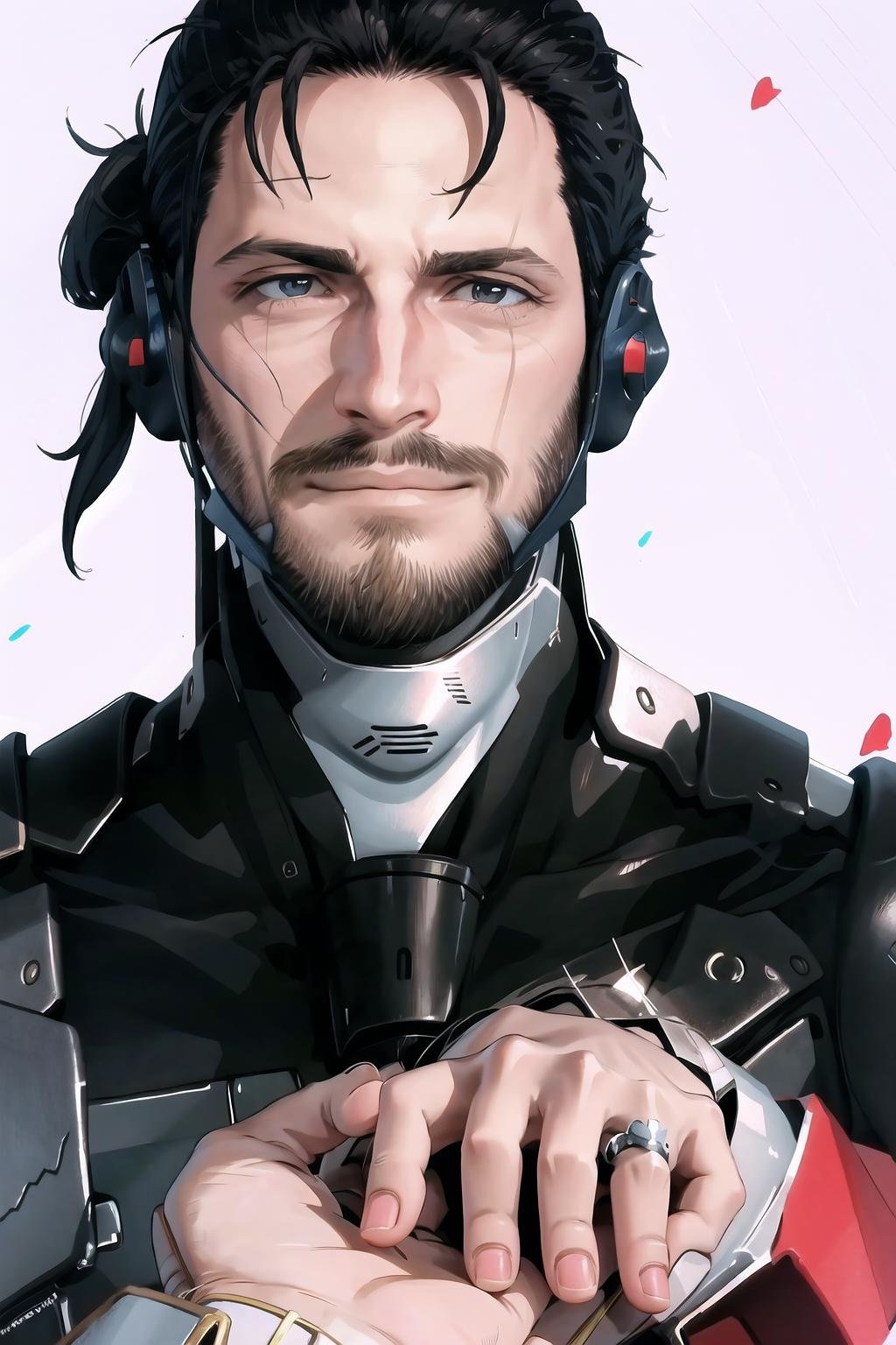 High Quality, Masterpiece, IncrsProp, <lora:Proposal:1>, wedding ring, Jetstream Sam, facial hair, male focus, beard, cyborg, <lora:Char_MGR_JetstreamSam:0.75>, smirk, 