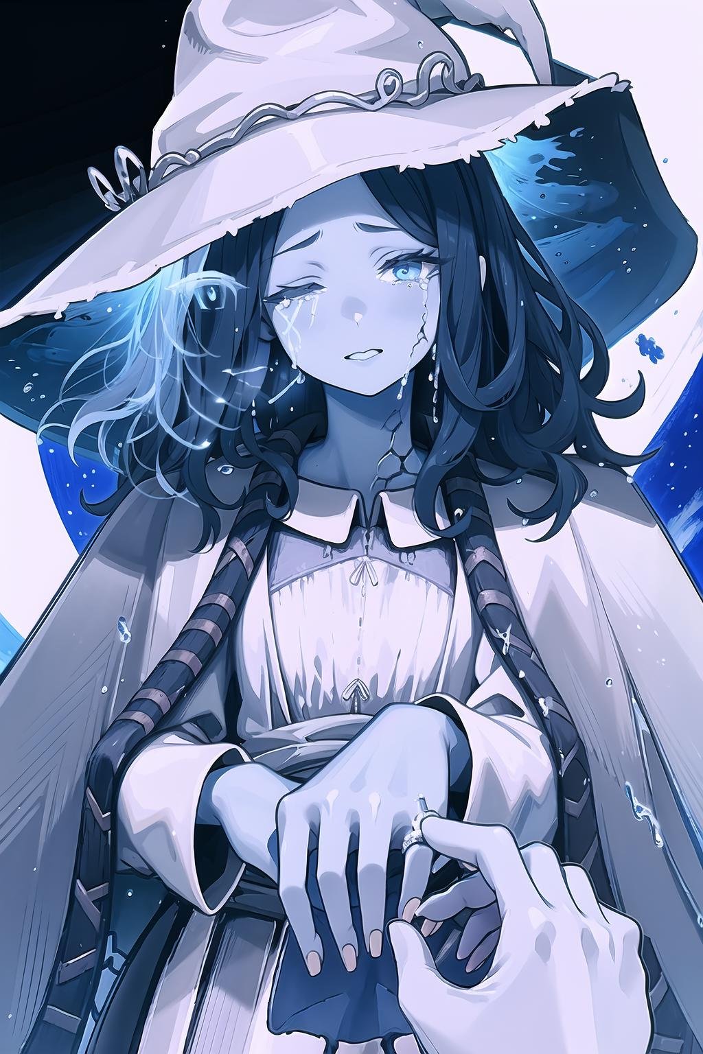 High Quality, Masterpiece, IncrsProp, <lora:Proposal:1>, wedding ring, Ranni, wavy hair, colored skin, blue skin, cracked skin, extra arms, extra faces, white dress, hat, cloak, <lora:Char_EldenRing_Ranni:0.9>, tears, happy tears, 