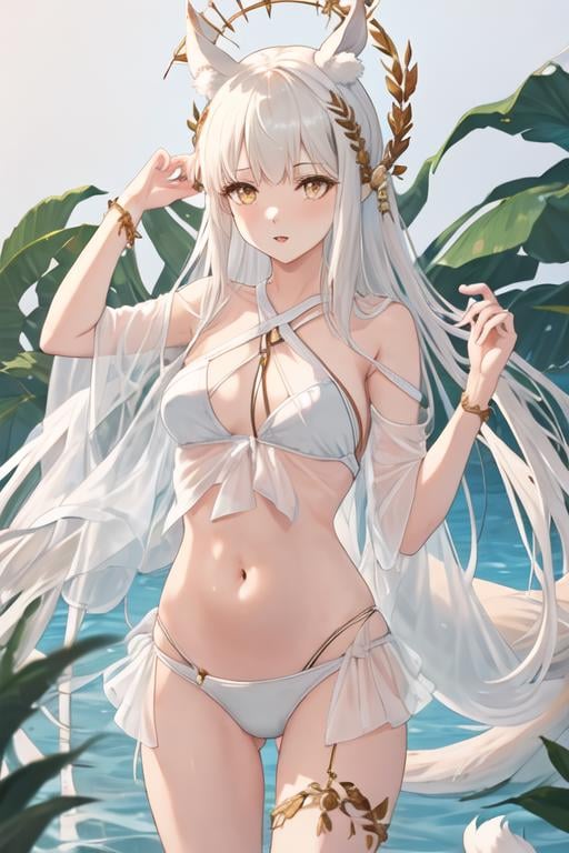 best quality, masterpiece, highres, solo, {platinum_arknights:1.15}, animal_ears, long_hair, bangs, horse_ears, white_hair, animal_ear_fluff, yellow_eyes, upper_body, very_long_hair, brown_eyes, 1girl, bare_shoulders, bikini, criss-cross_halter, halterneck, laurel_crown, navel, official_alternate_costume, stomach, swimsuit, white_bikini, breasts, looking_at_viewer, see-through, parted_lips, small_breasts, cowboy_shot, hand_up, standing