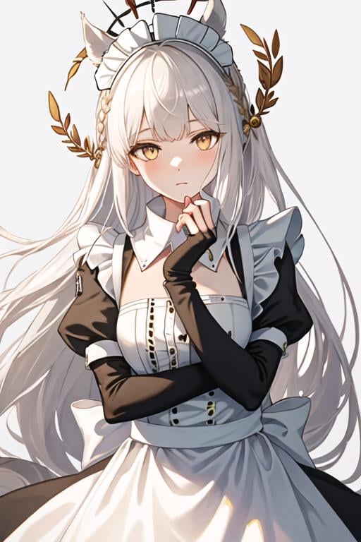 best quality, masterpiece, highres, solo, {maid:1.40}, {long maid dress:1.15}, {platinum_arknights:1.15}, animal_ears, long_hair, bangs, horse_ears, white_hair, animal_ear_fluff, yellow_eyes, upper_body, very_long_hair, brown_eyes