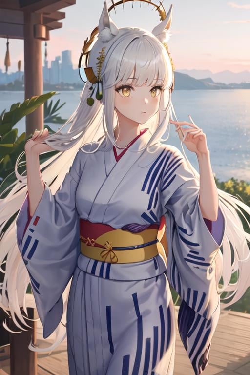 best quality, masterpiece, highres, solo, {yukata:1.40}, {kimono:1.20}, {platinum_arknights:1.15}, animal_ears, long_hair, bangs, horse_ears, white_hair, animal_ear_fluff, yellow_eyes, upper_body, very_long_hair, brown_eyes