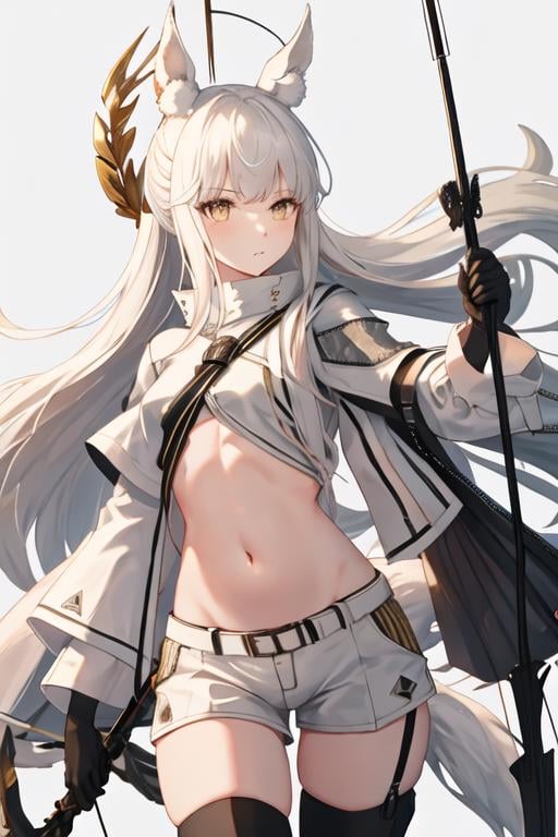 best quality, masterpiece, highres, solo, {platinum_arknights:1.15}, animal_ears, long_hair, bangs, horse_ears, white_hair, animal_ear_fluff, yellow_eyes, upper_body, very_long_hair, brown_eyes, 1girl, black_gloves, bow_\(weapon\), gloves, holding, holding_bow_\(weapon\), holding_weapon, jacket, long_sleeves, midriff, shorts, weapon, white_shorts, high_collar, looking_at_viewer, short_shorts, thighhighs, white_jacket, cowboy_shot, elbow_gloves, standing, arrow_\(projectile\), black_thighhighs, navel, quiver, stomach, zipper