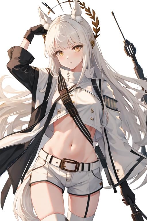 best quality, masterpiece, highres, solo, {platinum_arknights:1.15}, animal_ears, long_hair, bangs, horse_ears, white_hair, animal_ear_fluff, yellow_eyes, upper_body, very_long_hair, brown_eyes, 1girl, looking_at_viewer, midriff, shorts, white_shorts, simple_background, black_gloves, gloves, jacket, navel, short_shorts, white_background, white_jacket, long_sleeves, cowboy_shot, closed_mouth, belt, stomach, tail, horse_girl, horse_tail, sidelocks, standing