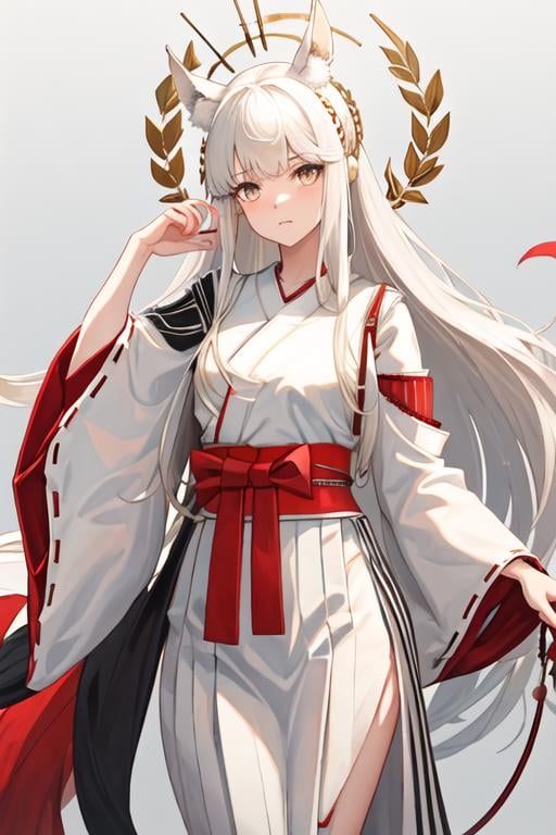 best quality, masterpiece, highres, solo, {white kimono:1.35}, {red hakama:1.35}, {wide sleeves:1.20}, {platinum_arknights:1.15}, animal_ears, long_hair, bangs, horse_ears, white_hair, animal_ear_fluff, yellow_eyes, upper_body, very_long_hair, brown_eyes