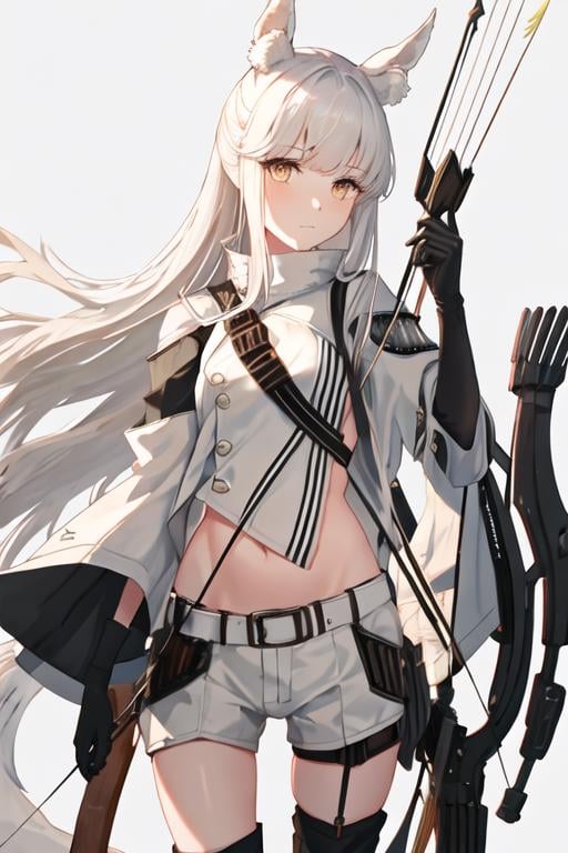 best quality, masterpiece, highres, solo, {platinum_arknights:1.15}, animal_ears, long_hair, bangs, horse_ears, white_hair, animal_ear_fluff, yellow_eyes, upper_body, very_long_hair, brown_eyes, 1girl, arrow_\(projectile\), black_gloves, bow_\(weapon\), drawing_bow, gloves, holding, holding_bow_\(weapon\), holding_weapon, looking_at_viewer, weapon, white_jacket, closed_mouth, holding_arrow, grey_background, jacket, long_sleeves