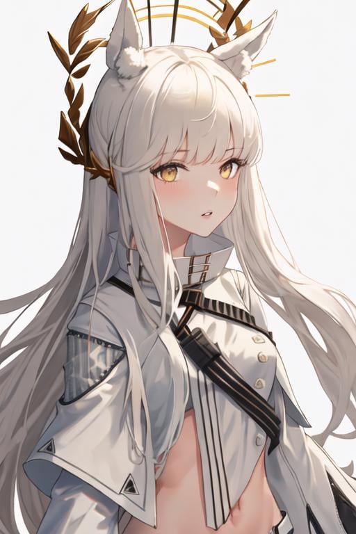 best quality, masterpiece, highres, solo, {platinum_arknights:1.15}, animal_ears, long_hair, bangs, horse_ears, white_hair, animal_ear_fluff, yellow_eyes, upper_body, very_long_hair, brown_eyes, 1girl, looking_at_viewer, simple_background, white_background, high_collar, parted_lips, portrait, sidelocks, white_jacket