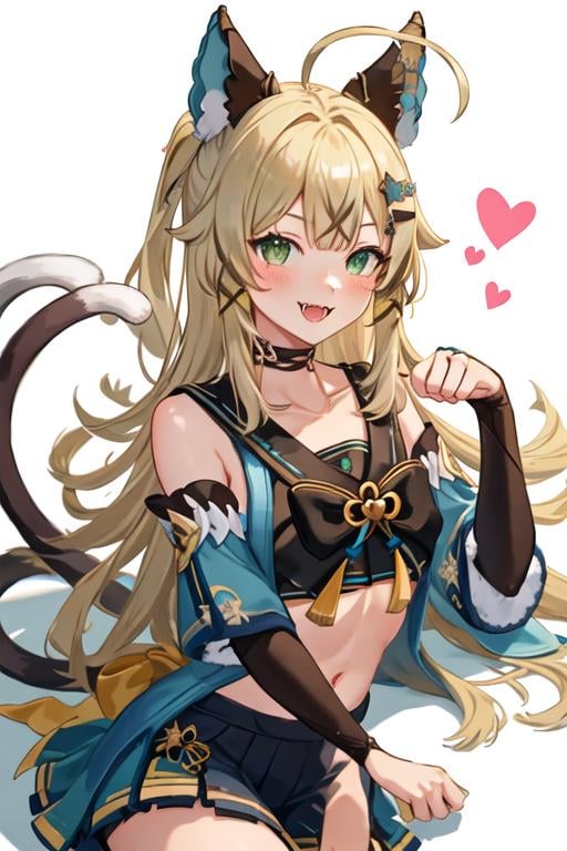 best quality, masterpiece, highres, solo, {kirara_genshin:1.15}, long_hair, hair_ornament, green_eyes, bangs, smile, animal_ears, open_mouth, hairclip, blonde_hair, ahoge, virtual_youtuber, tail, blush, cat_tail, bow, cat_ears, hair_bow, 1girl, detached_sleeves, heart, looking_at_viewer, lying, cat_girl, collarbone, fangs, heart_tail, on_stomach, white_background