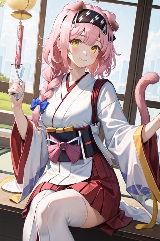 best quality, masterpiece, highres, solo, {white kimono:1.35}, {red hakama:1.35}, {wide sleeves:1.20}, {goldenglow_arknights:1.15}, animal_ears, pink_hair, cat_ears, long_hair, hairband, yellow_eyes, bangs, braid, bow, hair_bow, black_hairband, cat_girl, blue_bow, blush, upper_body, smile, closed_mouth, floppy_ears