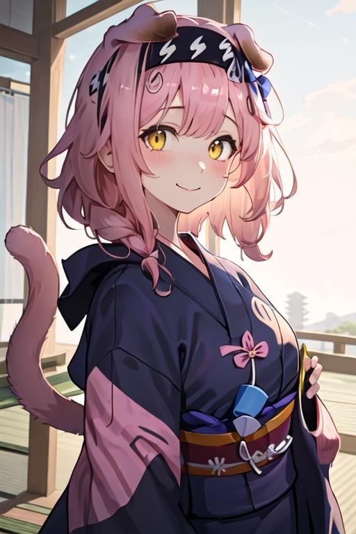 best quality, masterpiece, highres, solo, {yukata:1.40}, {kimono:1.20}, {goldenglow_arknights:1.15}, animal_ears, pink_hair, cat_ears, long_hair, hairband, yellow_eyes, bangs, braid, bow, hair_bow, black_hairband, cat_girl, blue_bow, blush, upper_body, smile, closed_mouth, floppy_ears