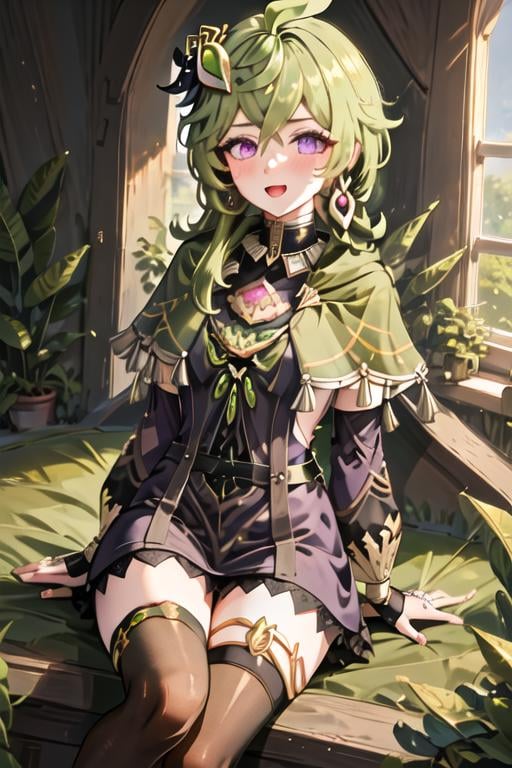 best quality, masterpiece, highres, solo, {collei_genshin:1.15}, green_hair, bangs, purple_eyes, hair_ornament, hair_between_eyes, jewelry, capelet, earrings, ahoge, green_capelet, blush, crossed_bangs, medium_hair, 1girl, dress, looking_at_viewer, open_mouth, bridal_gauntlets, detached_sleeves, long_sleeves, single_earring, tassel