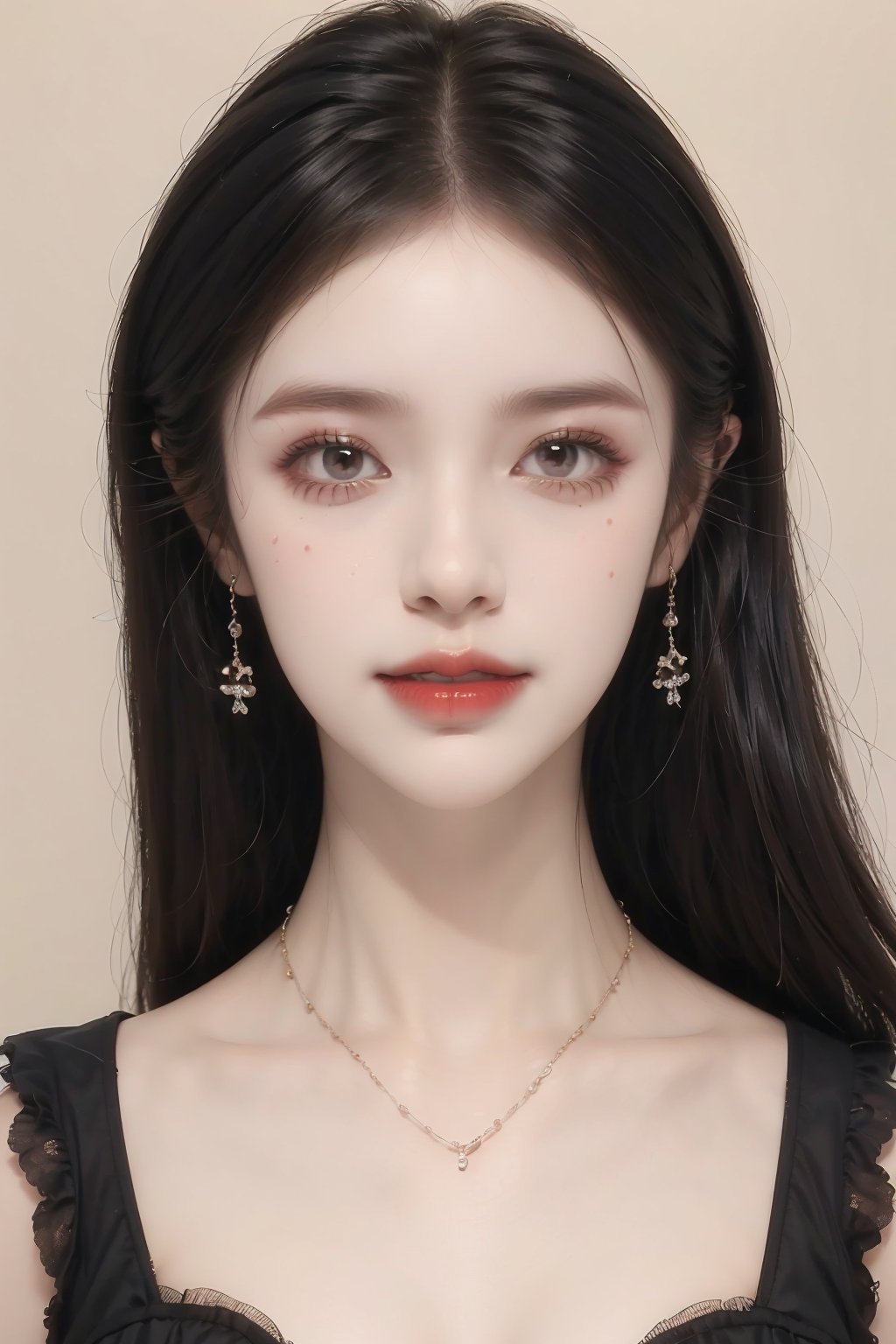  A girl, bust, face, delicate facial features and makeup, fair skin.High quality, masterpiece, liuguang,Thick black hair, rosy lips, smile, staring at the camera.