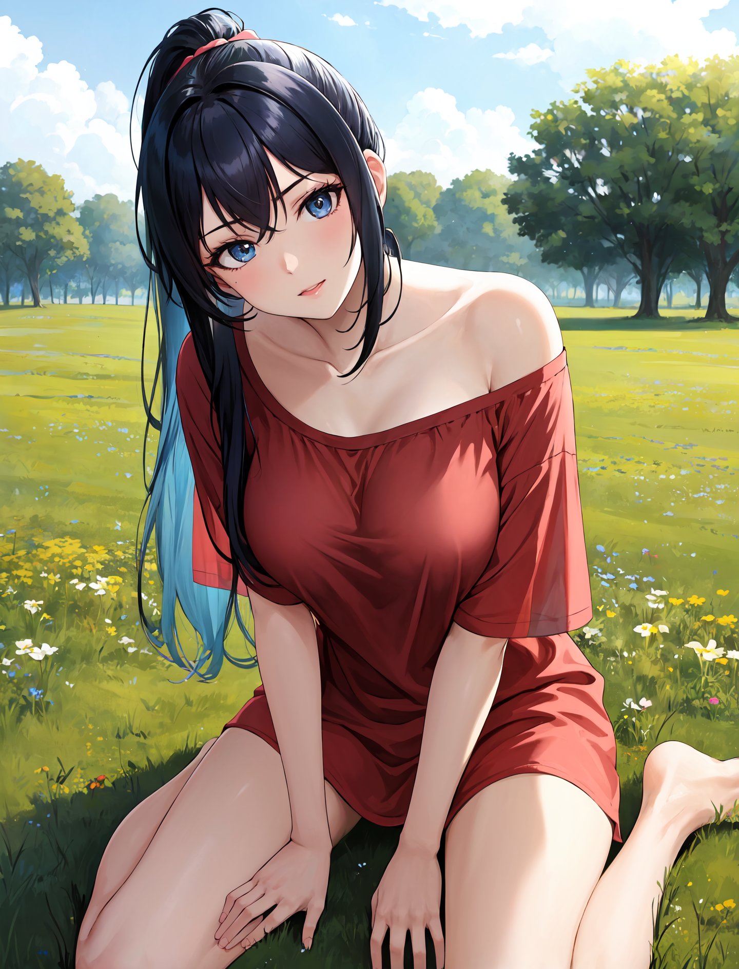 masterpiece, best quality, outdoors, field, grass, forest,1girl, solo, looking at viewer, wariza, leaning forward, head tilt, shirt, blue hair, red shirt, collarbone, short sleeves, very long hair, ponytail, t-shirt, off shoulder, oversized shirt, naked shirt, oversized clothes, see-through silhouette, see-through shirt, large breasts, bikini under clothes, <lora:Concept_Oversized:1>, 