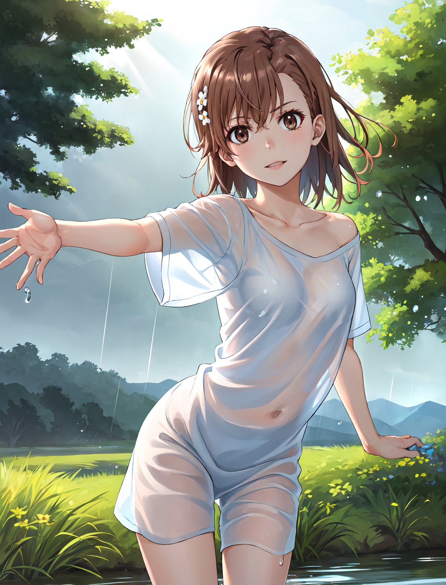 masterpiece, best quality, outdoors, field, grass, forest, rain, water drop,1girl, solo, looking at viewer, cowboy shot, misaka mikoto, short hair, brown hair, brown eyes, flower, hair flower, hair ornament, leaning forward, head tilt, shirt, white shirt, collarbone, short sleeves, t-shirt, off shoulder, oversized shirt, naked shirt, oversized clothes, see-through silhouette, see-through shirt, spread arms, outstretched arms, arm behind back, <lora:Concept_Oversized:1>, <lora:LoRA_Misaka:1>