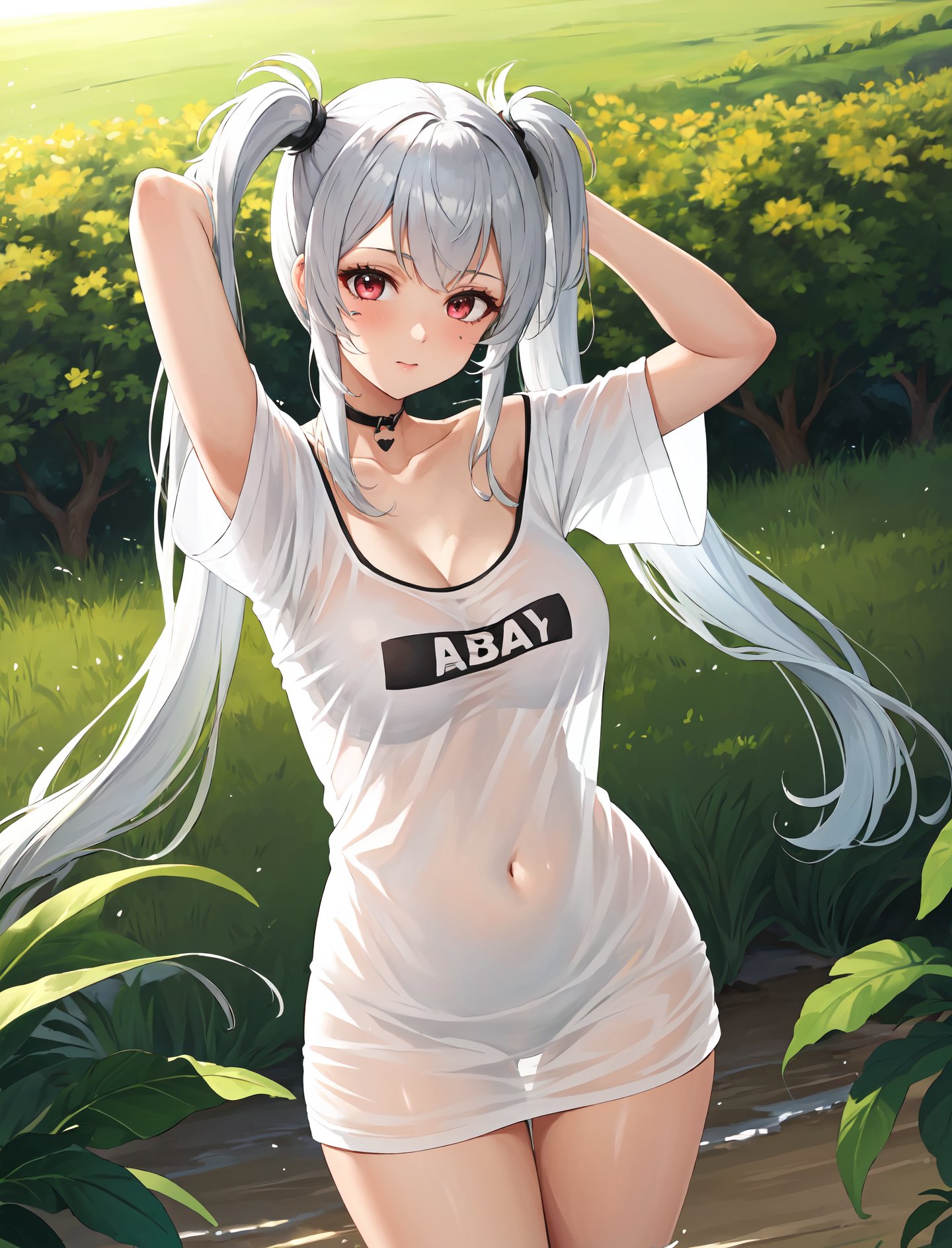 masterpiece, best quality, outdoors, field, grass, forest,alabamadef, 1girl, solo, looking at viewer, cowboy shot, shirt, silver hair, white shirt, collarbone, short sleeves, very long hair, twintails, t-shirt, off shoulder, oversized shirt, naked shirt, oversized clothes, see-through silhouette, hands behind head, see-through shirt, large breasts, <lora:Concept_Oversized:1>, <lora:Alabama_LoRA:0.75>