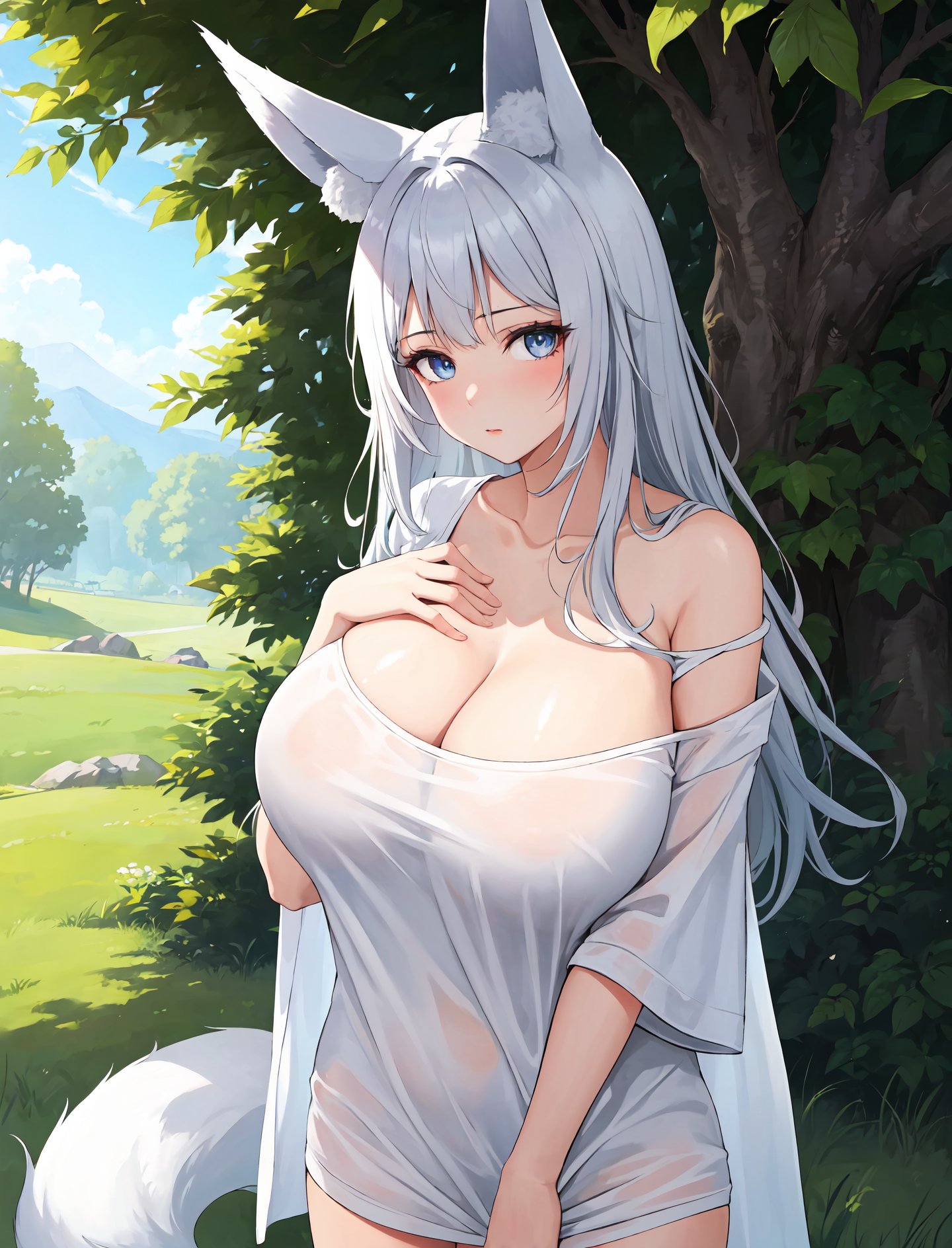 masterpiece, best quality, outdoors, field, grass, forest,1girl, solo, looking at viewer, cowboy shot, white hair, silver hair, blue eyes, animal ears, fox ears, shirt, white shirt, collarbone, short sleeves, t-shirt, off shoulder, oversized shirt, naked shirt, oversized clothes, hands on own chest, large breasts, huge breasts, <lora:Concept_Oversized:1>, <lora:Shinano_LoRA:0.7>