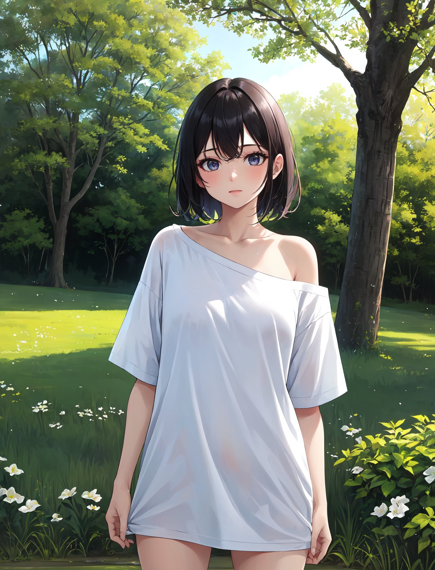 masterpiece, best quality, outdoors, field, grass, forest,1girl, solo, looking at viewer, cowboy shot, shirt, white shirt, collarbone, short sleeves, t-shirt, off shoulder, oversized shirt, naked shirt, oversized clothes,<lora:Concept_Oversized:1>