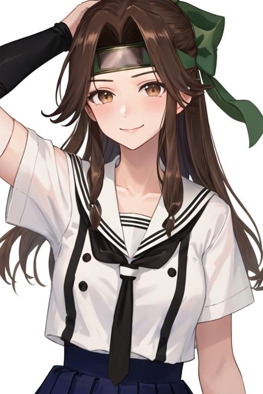 best quality, masterpiece, highres, solo, {jintsuu_kantaicollection:1.15}, long_hair, brown_hair, brown_eyes, hair_intakes, half_updo, headband, serafuku, 1girl, forehead_protector, sailor_collar, school_uniform, simple_background, upper_body, white_background, hachimaki, looking_at_viewer, bow, white_sailor_collar, green_bow, hair_bow, smile