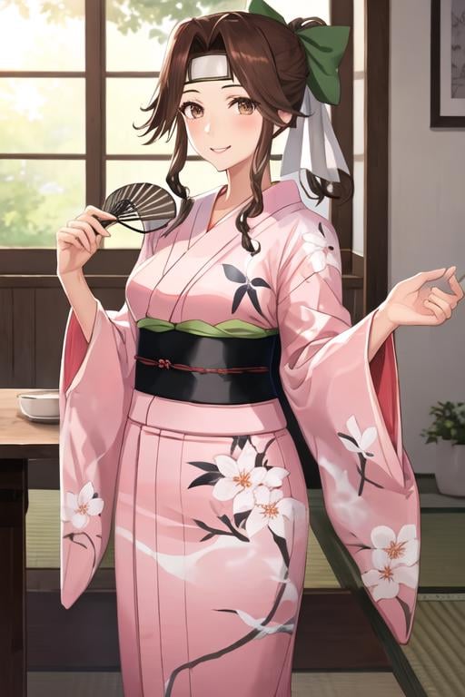 best quality, masterpiece, highres, solo, {jintsuu_kantaicollection:1.15}, long_hair, brown_hair, brown_eyes, hair_intakes, half_updo, headband, serafuku, 1girl, hand_fan, japanese_clothes, kimono, looking_at_viewer, paper_fan, ponytail, ribbon, smile, uchiwa, yukata, hair_ribbon, obi, sash