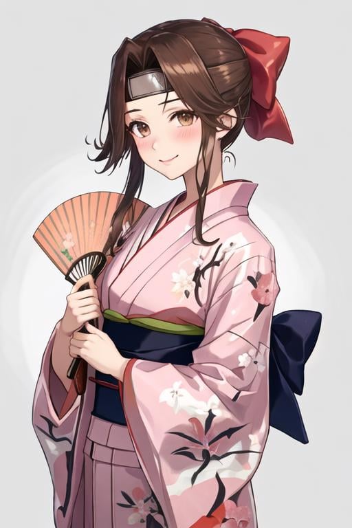 best quality, masterpiece, highres, solo, {jintsuu_kantaicollection:1.15}, long_hair, brown_hair, brown_eyes, hair_intakes, half_updo, headband, serafuku, 1girl, japanese_clothes, kimono, pink_kimono, ponytail, simple_background, white_background, yukata, hand_fan, paper_fan, alternate_costume, looking_at_viewer, uchiwa, upper_body, blush, floral_print, obi, ribbon, sash, twitter_username, smile, hair_ribbon