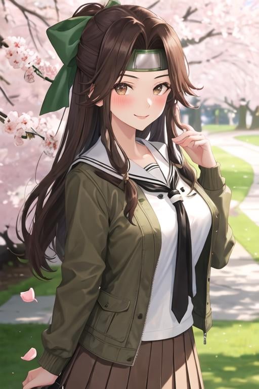 best quality, masterpiece, highres, solo, {jintsuu_kantaicollection:1.15}, long_hair, brown_hair, brown_eyes, hair_intakes, half_updo, headband, serafuku, 1girl, brown_skirt, green_jacket, jacket, looking_at_viewer, official_alternate_costume, shirt, skirt, smile, white_shirt, alternate_costume, blush, breasts, cherry_blossoms, upper_body