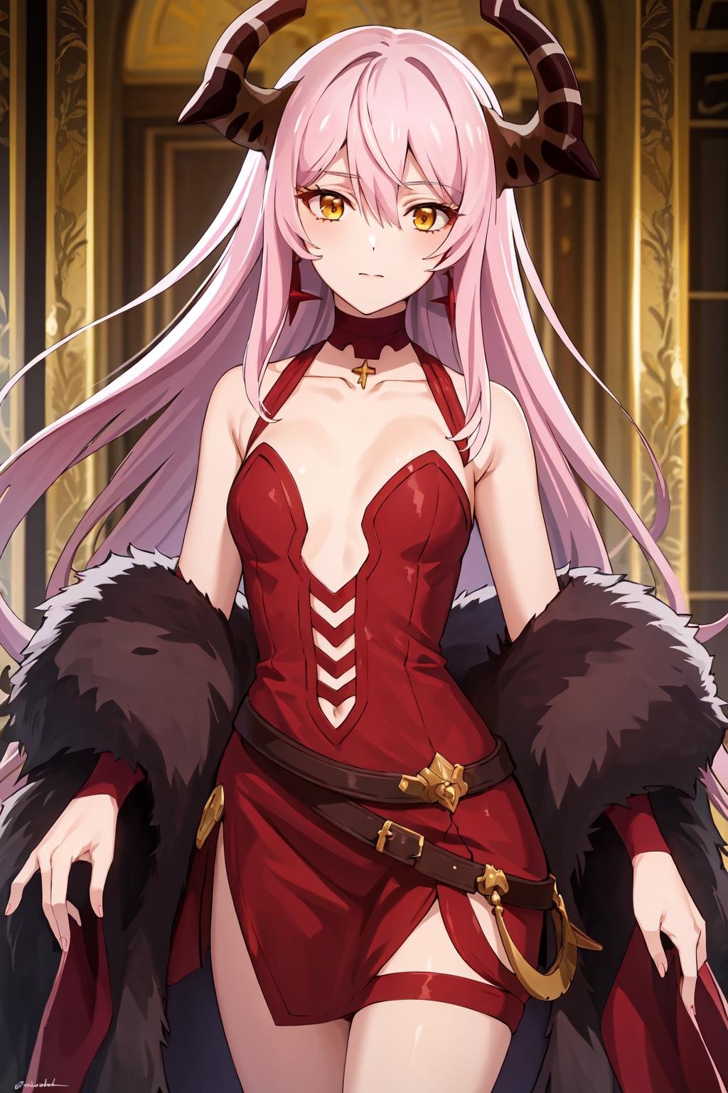 ((best quality, high quality, masterpiece, highres)), echidna, 1girl, dress, choker, fur trim, bare shoulders, earrings, cowboy shot, collarbone, looking at viewer,  <lora:echidna:0.8>