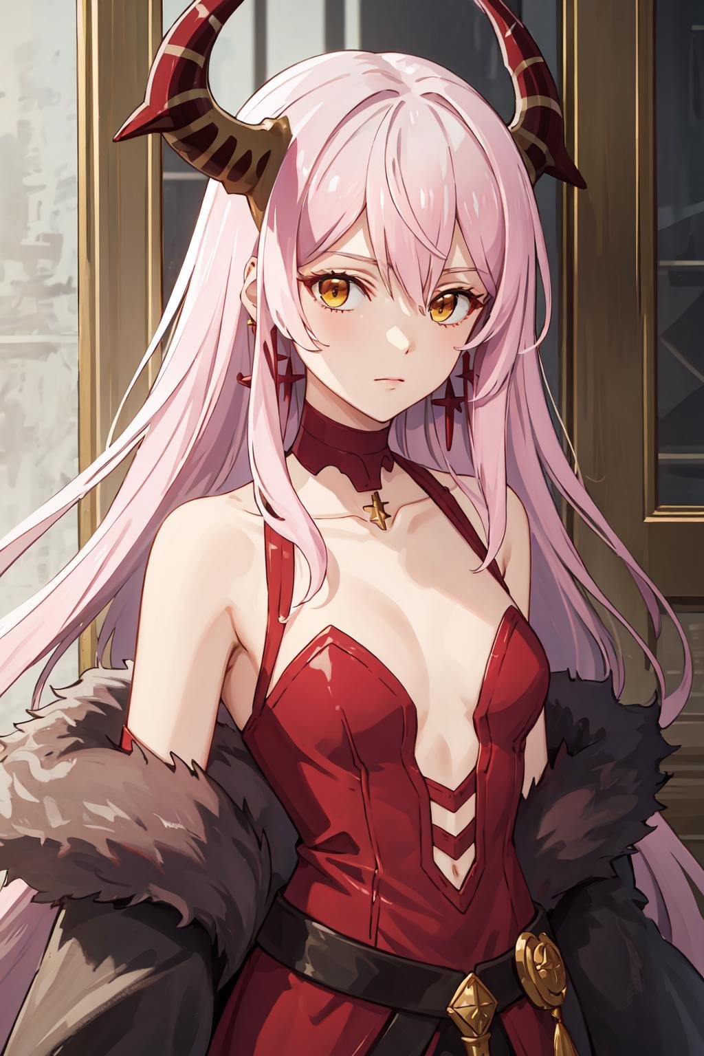 ((best quality, high quality, masterpiece, highres)), echidna, 1girl, dress, choker, fur trim, bare shoulders, earrings, portrait, collarbone, looking at viewer,  <lora:echidna:0.8>