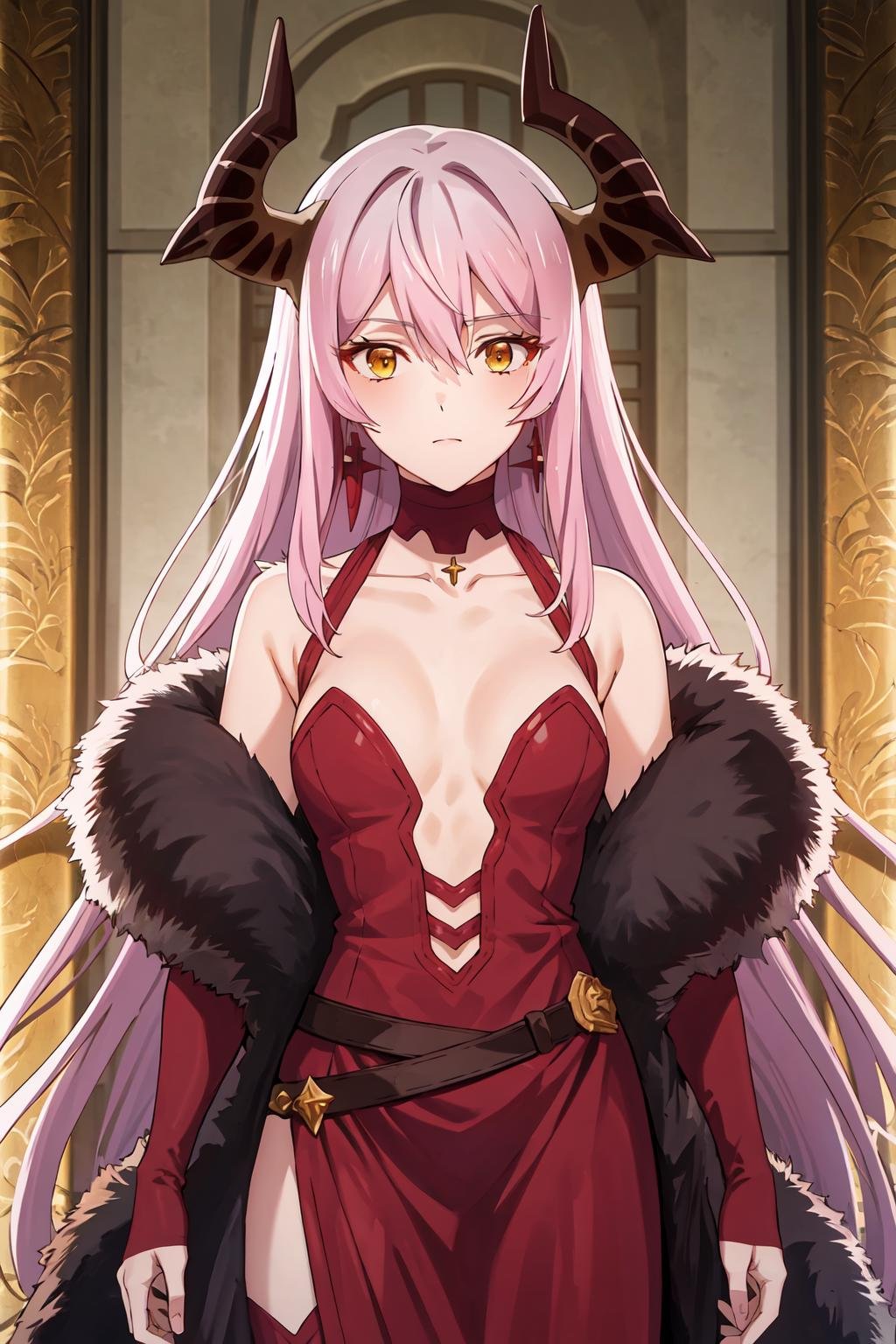 ((best quality, high quality, masterpiece, highres)), echidna, 1girl, dress, choker, fur trim, bare shoulders, earrings, cowboy shot, collarbone, looking at viewer,  <lora:echidna:1>