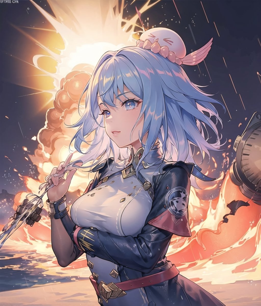 (((masterpiece))),best quality, illustration,(beautiful detailed girl),beautiful detailed glow,((flames of war)),(((nuclear explosion behide))),rain,detailed lighting,detailed water,(beautiful detailed eyes),expressionless,palace,azure hair,disheveled hair, large breasts, cum overflow, cum string, raining cum, blue hair,  short hair,  pink headwear,  jellyfish headwear,atdan