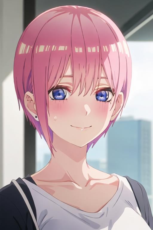 best quality, masterpiece, highres, solo, {nakano_ichika_gotoubunnohanayome:1.15}, pink_hair, short_hair, bangs, blue_eyes, blush, hair_between_eyes, closed_mouth, 1girl, shiny_hair, portrait, shiny, smile, collarbone, shirt, white_shirt, looking_at_viewer