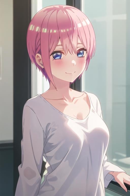 best quality, masterpiece, highres, solo, {nakano_ichika_gotoubunnohanayome:1.15}, pink_hair, short_hair, bangs, blue_eyes, blush, hair_between_eyes, closed_mouth, 1girl, breasts, collarbone, shirt, smile, upper_body, white_shirt, large_breasts, long_sleeves, looking_at_viewer, shiny_hair